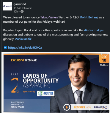 Tekno Valves’ Partner & CEO, Rohit Behani's participation as a panel member in the webinar organised by Gasworld